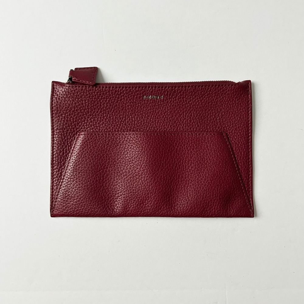 Akris Burgundy Pebbled Leather Zip Pouch Slim Travel Wallet Wine Red